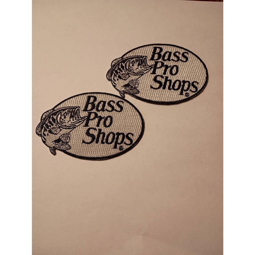 New Lot 2 Bass Pro Fish Logo Iron On Patches 3"x2" Silver Black